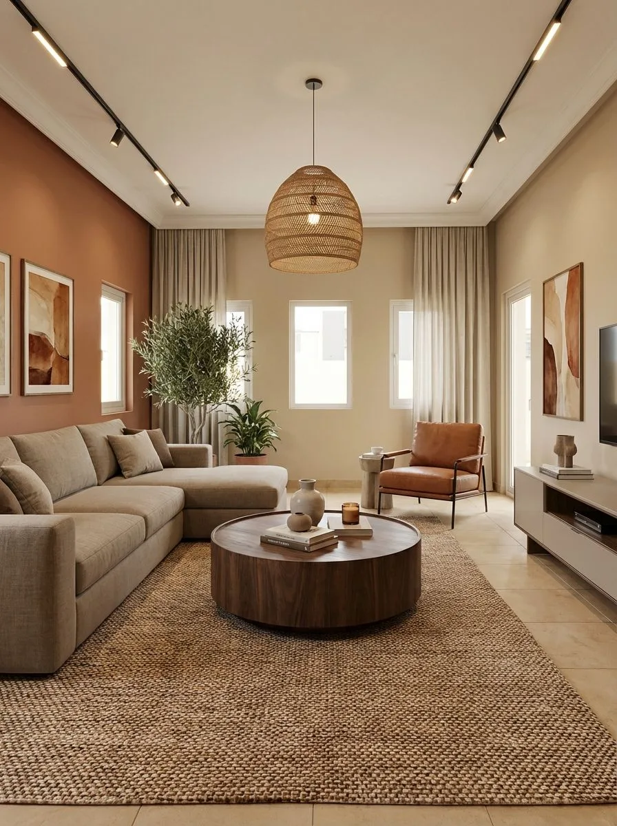 transitional Interior: Transitional living room with beige sectional sofa, round wood coffee table, jut