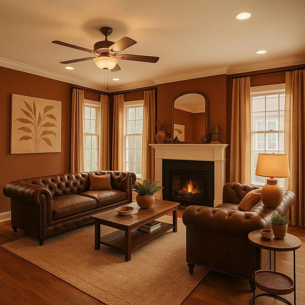 Traditional living room with terracotta walls, brown leather chesterfield sofa, white fireplace, wood coffee table, jute rug, photorealistic interior design photography, 8k