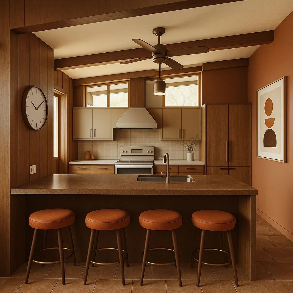 Mid-century modern kitchen with wood paneling, brown cabinets, orange leather stools, quartz countertop, recessed lighting, photorealistic interior design photography, 8k