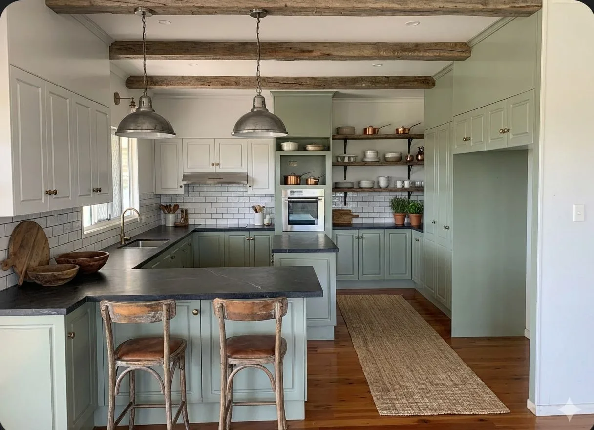 Farmhouse kitchen with sage green cabinets, soapstone countertops, white subway tile, reclaimed wood beams, industrial pendants, photorealistic interior design photography, 8k
