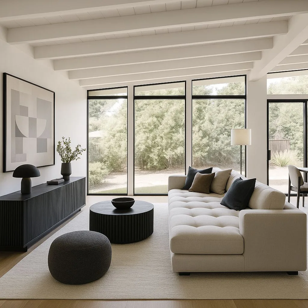 Modern minimalist living room with white walls, light wood floors, linen tufted sofa, black ribbed cabinet, round coffee table, floor lamp, photorealistic interior design photography, 8k