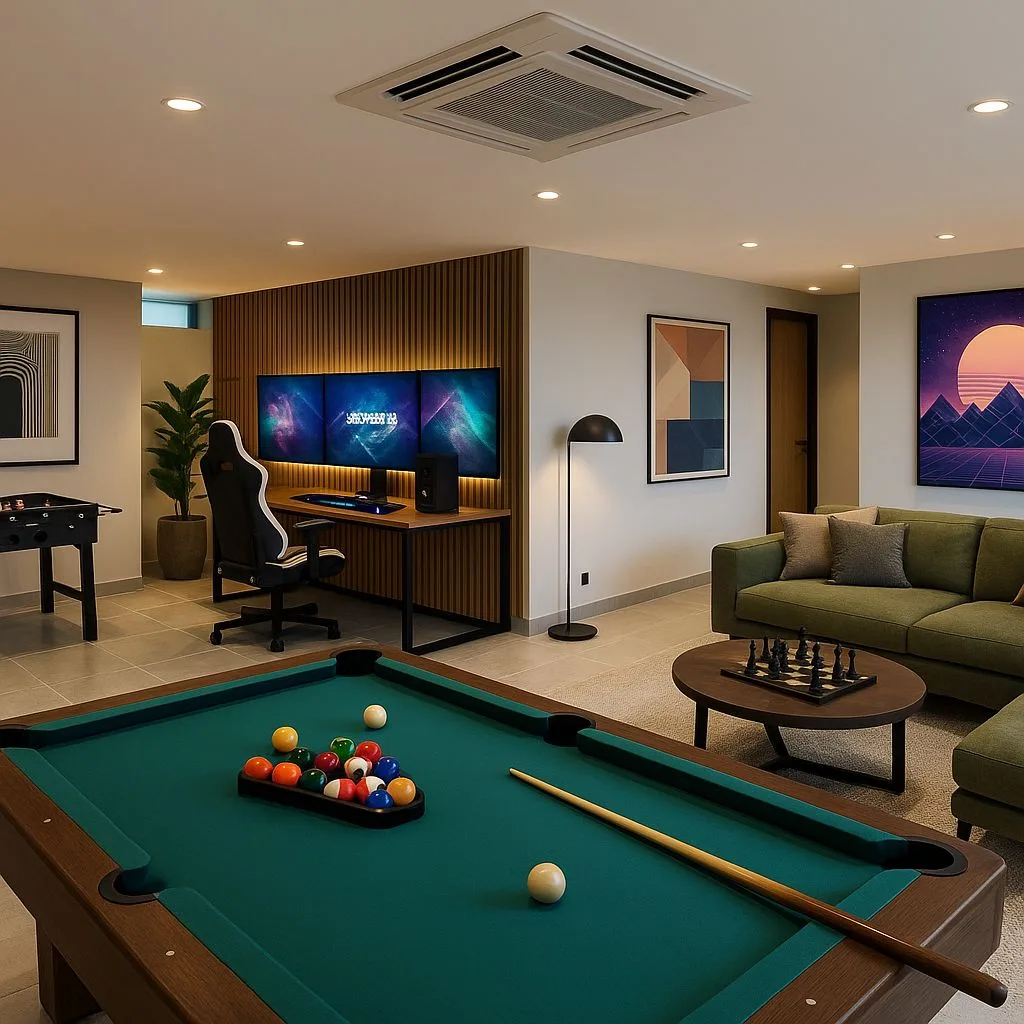 Modern entertainment room with green pool table, olive sofa, wood slat accent wall, triple monitor gaming setup, black arc lamp, photorealistic interior design photography, 8k