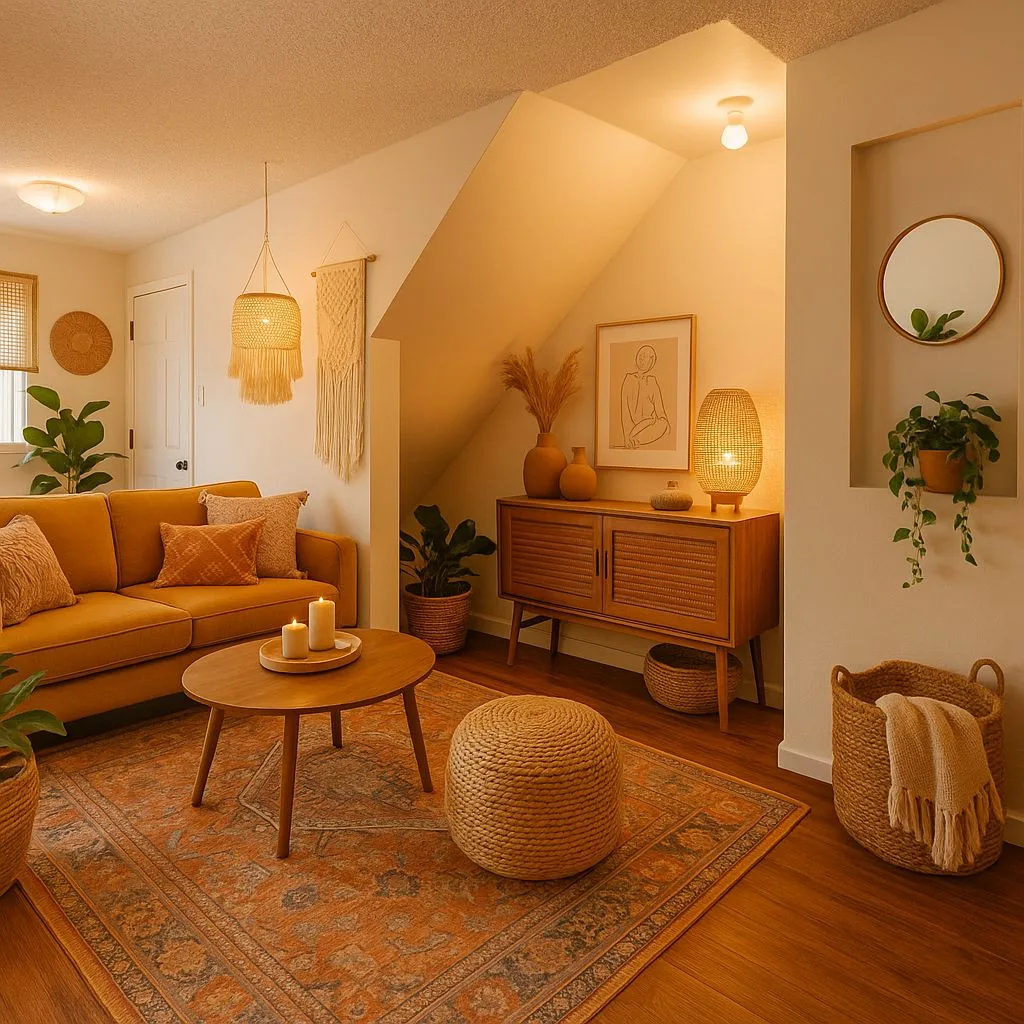 Bohemian living room with terracotta rug, mustard velvet sofa, rattan pendant, woven pouf, wood cabinet, potted plants, photorealistic interior design photography, 8k