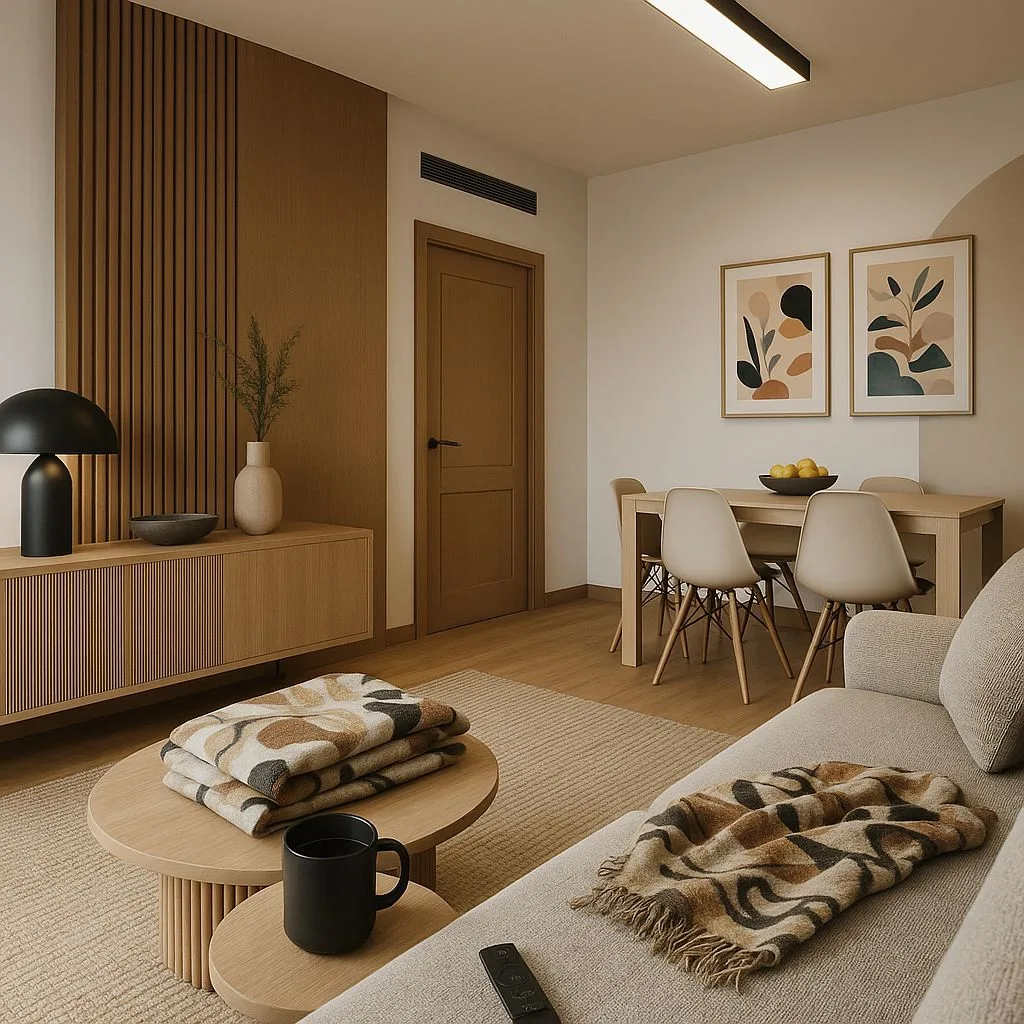 Minimalist Scandinavian living room with light wood floors, beige linen sofa, round wood tables, oak dining set, abstract prints, photorealistic interior design photography, 8k