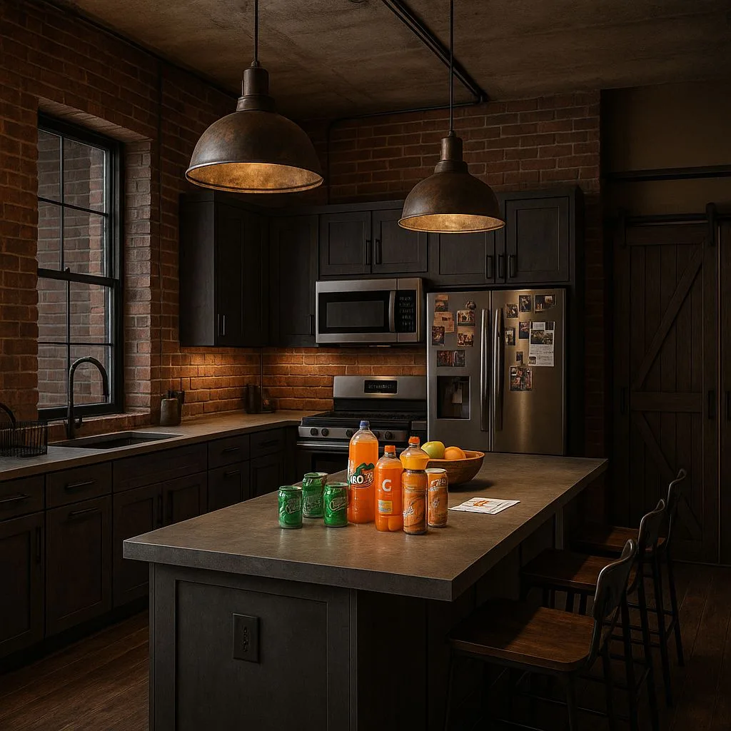 Industrial kitchen with exposed brick, dark grey cabinets, concrete countertop, stainless steel appliances, iron pendant lights, photorealistic interior design photography, 8k