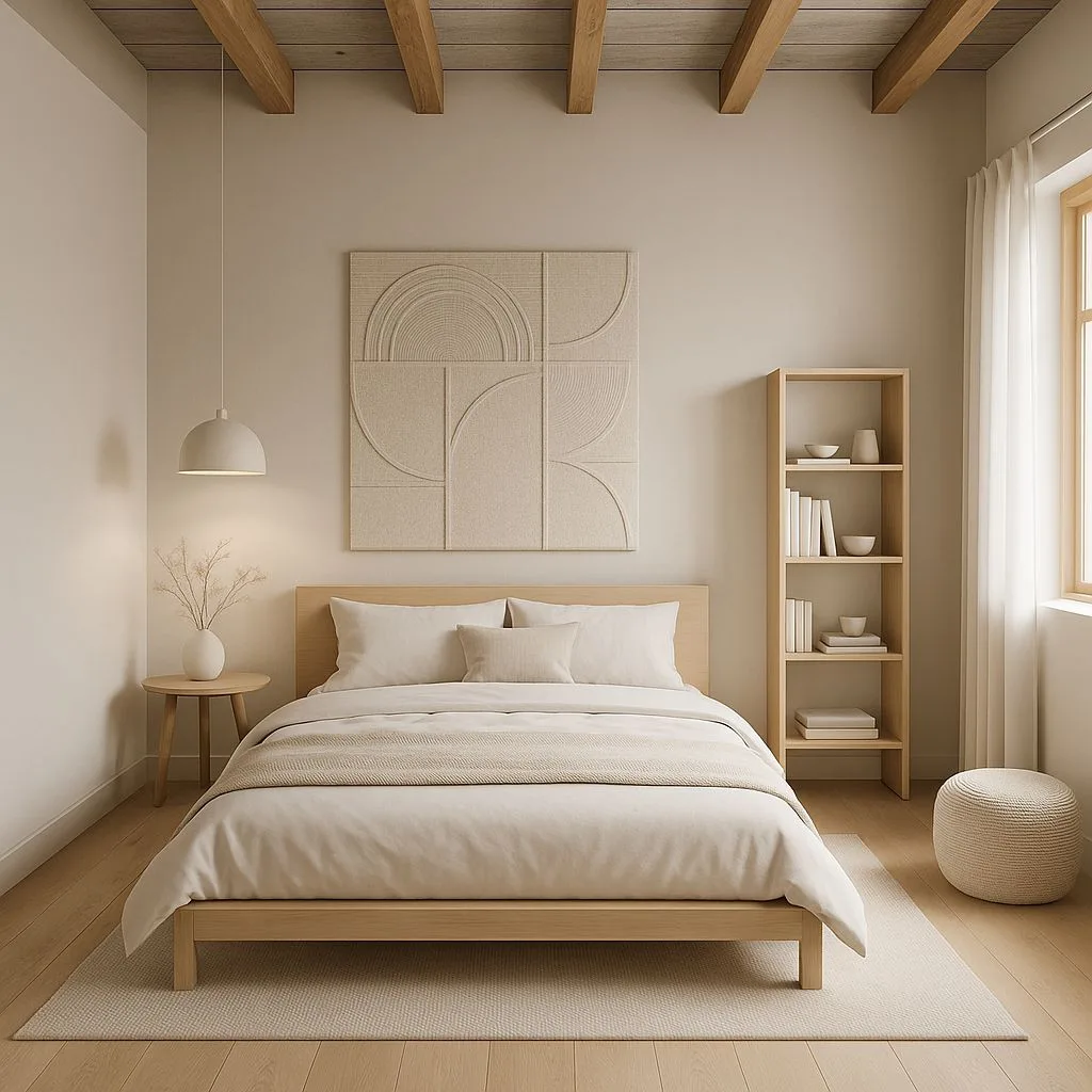 Neutral Scandinavian bedroom with light wood bed, white linen bedding, geometric wall art, wood beam ceiling, jute rug, photorealistic interior design photography, 8k