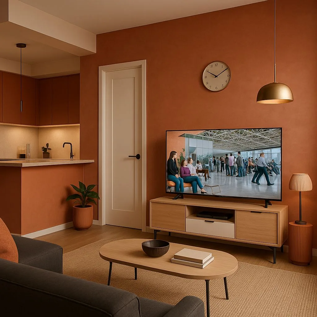 Modern terracotta living room and kitchen with light wood cabinets, grey sofa, oval coffee table, brass pendant, jute rug, photorealistic interior design photography, 8k