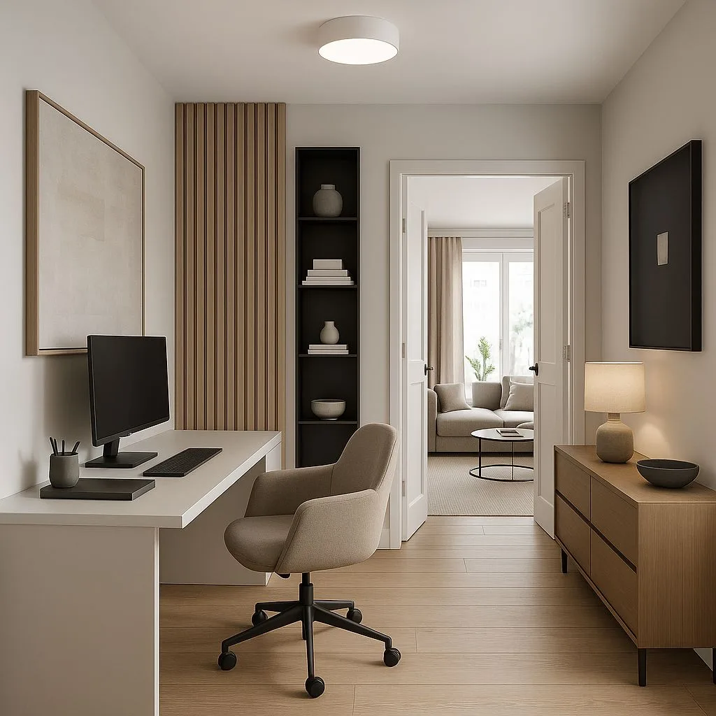 Minimalist home office with white desk, beige linen chair, light wood floors, wood slat accent wall, recessed lighting, photorealistic interior design photography, 8k