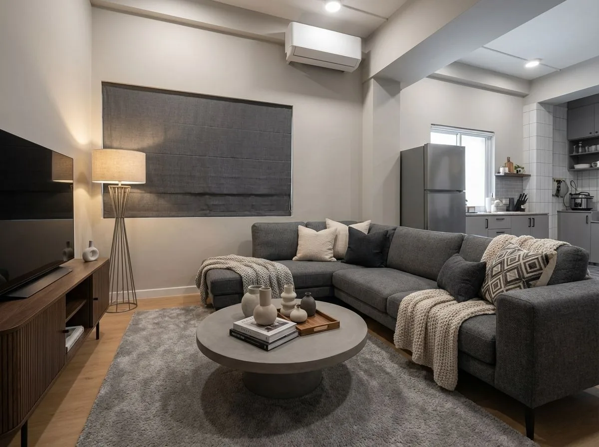 Modern open concept living room with grey sectional, concrete round table, wood media console, floor lamp, grey rug, photorealistic interior design photography, 8k