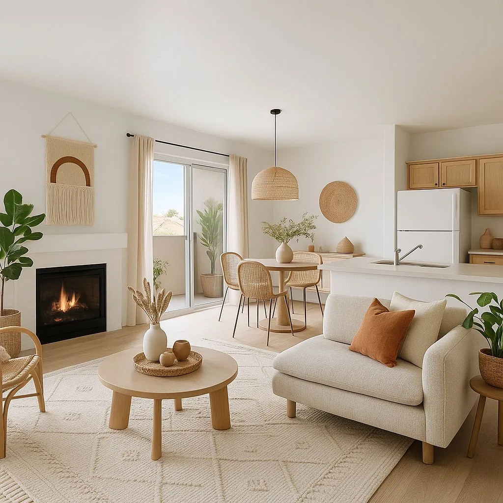 Neutral bohemian living room with white walls, jute rug, round coffee table, rattan pendant, linen sofa, potted plants, photorealistic interior design photography, 8k