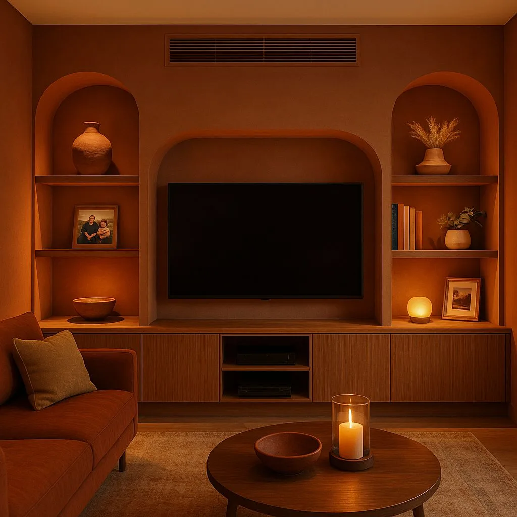 Warm terracotta living room with arched built-ins, wood media console, rust velvet sofa, round wood table, glass candle, photorealistic interior design photography, 8k