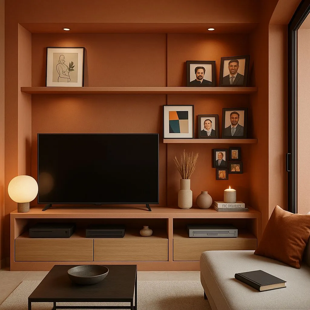 Modern terracotta living room with custom shelving, light wood drawers, family portraits, ceramic vases, globe lamp, black coffee table, photorealistic interior design photography, 8k