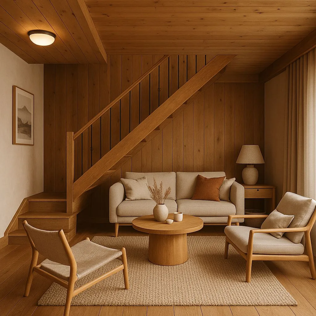 Warm Scandinavian living room with wood paneled walls and ceiling, light beige sofa, woven chairs, round wood coffee table, jute rug, photorealistic interior design photography, 8k